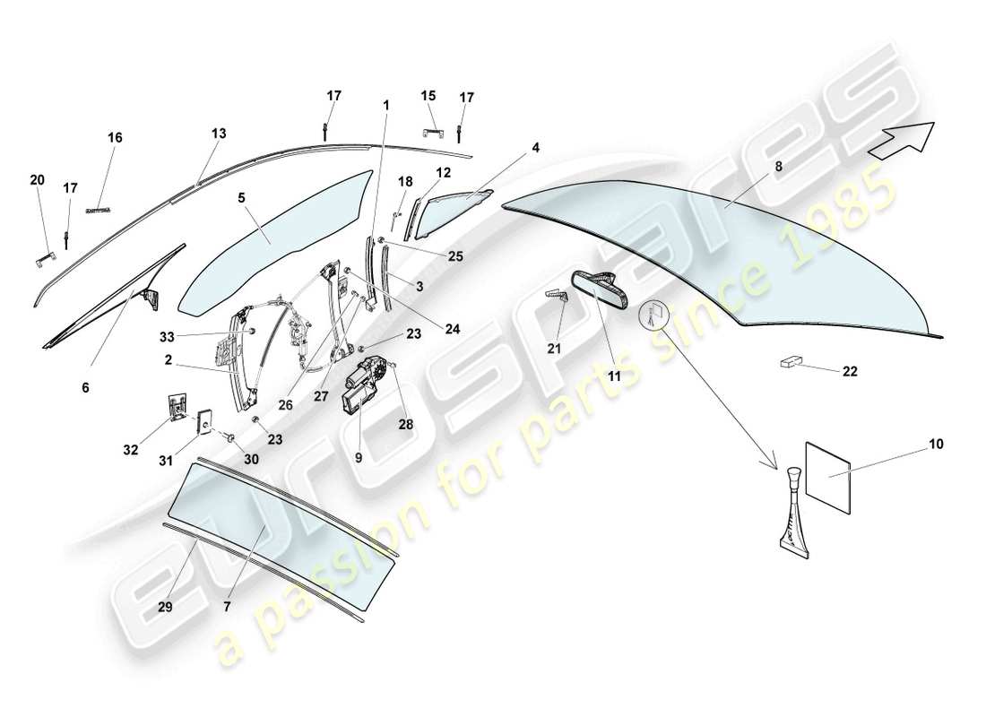 Lamborghini LP550-2 COUPE (2012) WINDOW GLASSES Part Diagram