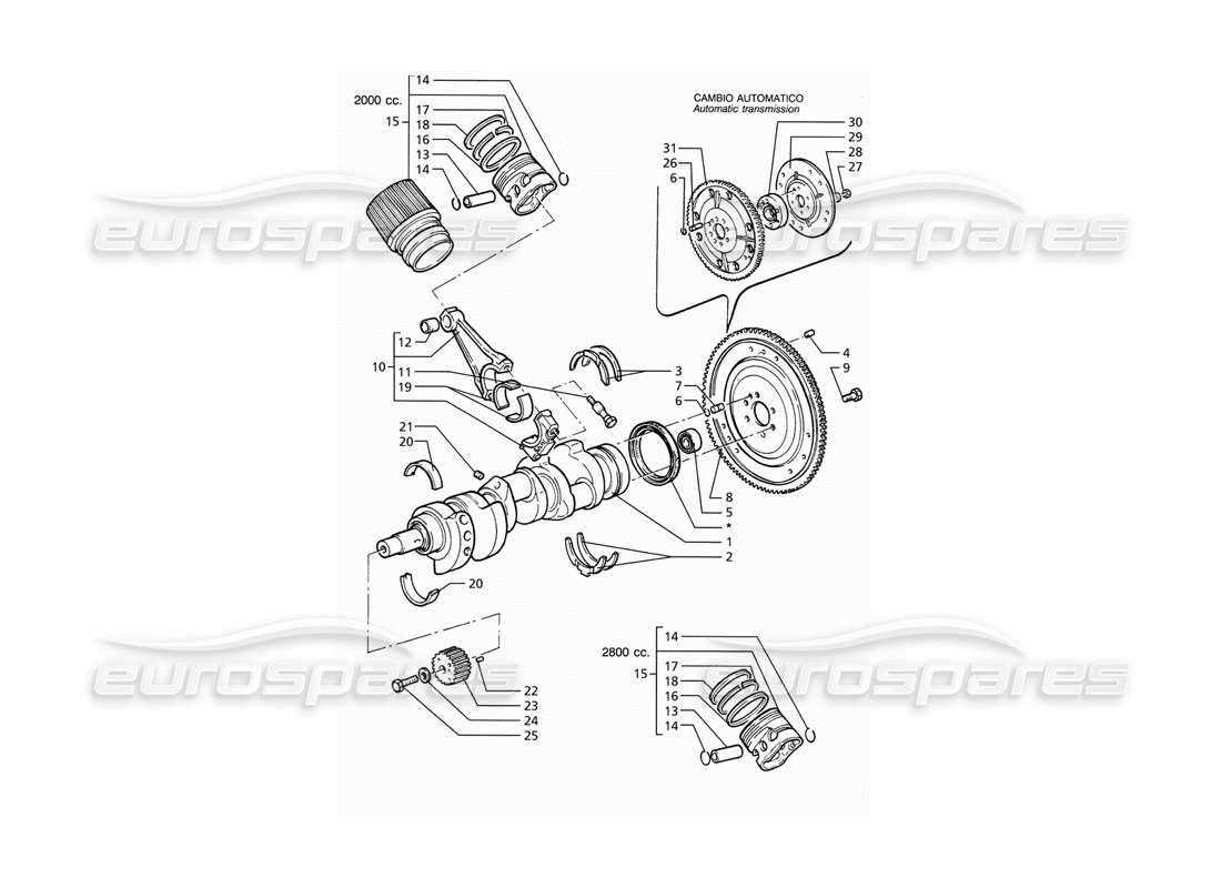 Maserati Ghibli 2.8 (ABS) Crankshaft, Pistons, Conrods & Flywheel Part Diagram