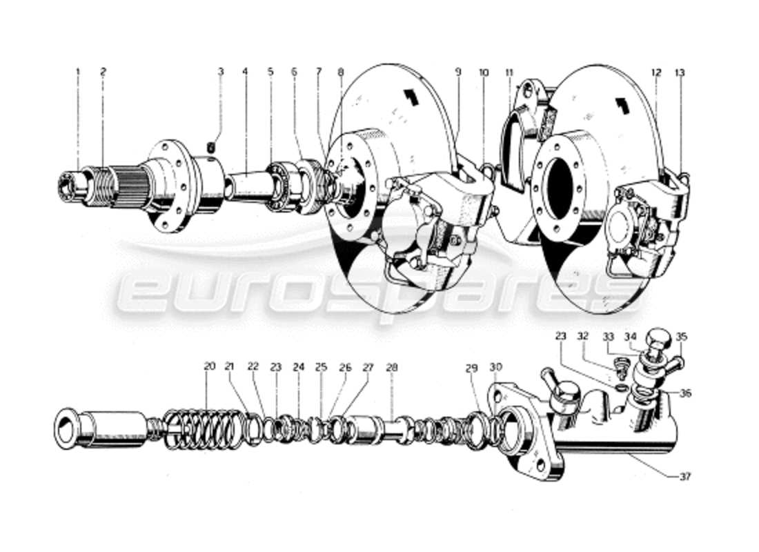 Ferrari 275 GTB/GTS 2 cam Rear Brake Discs & Clutch Master Cylinder Part Diagram