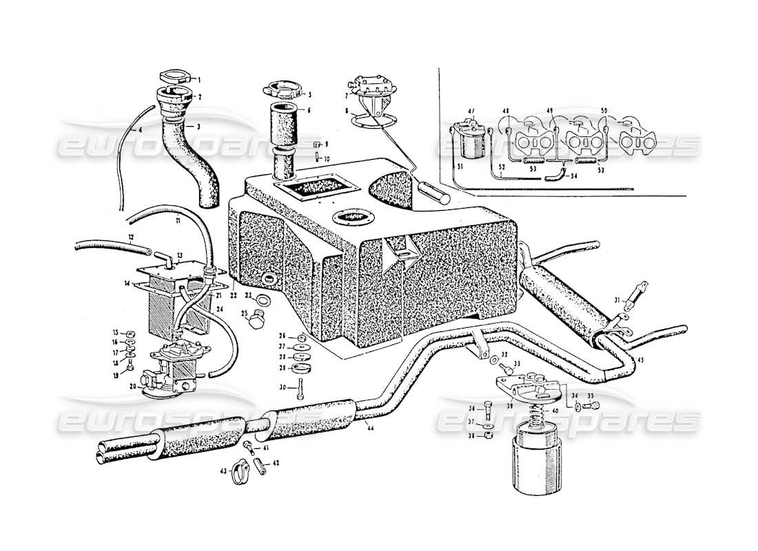 Maserati 3500 GT Exhaust Manifold and Fuel Tent Part Diagram