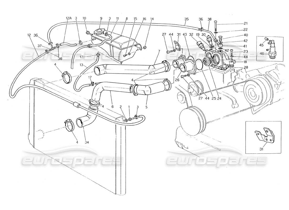 Maserati 228 Engine Cooling Pipes and Thermostat Part Diagram