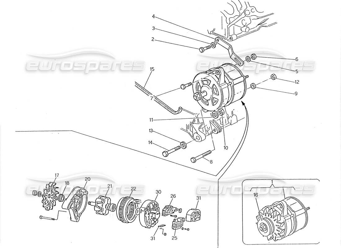 Maserati 228 Alternator and Bracket Part Diagram
