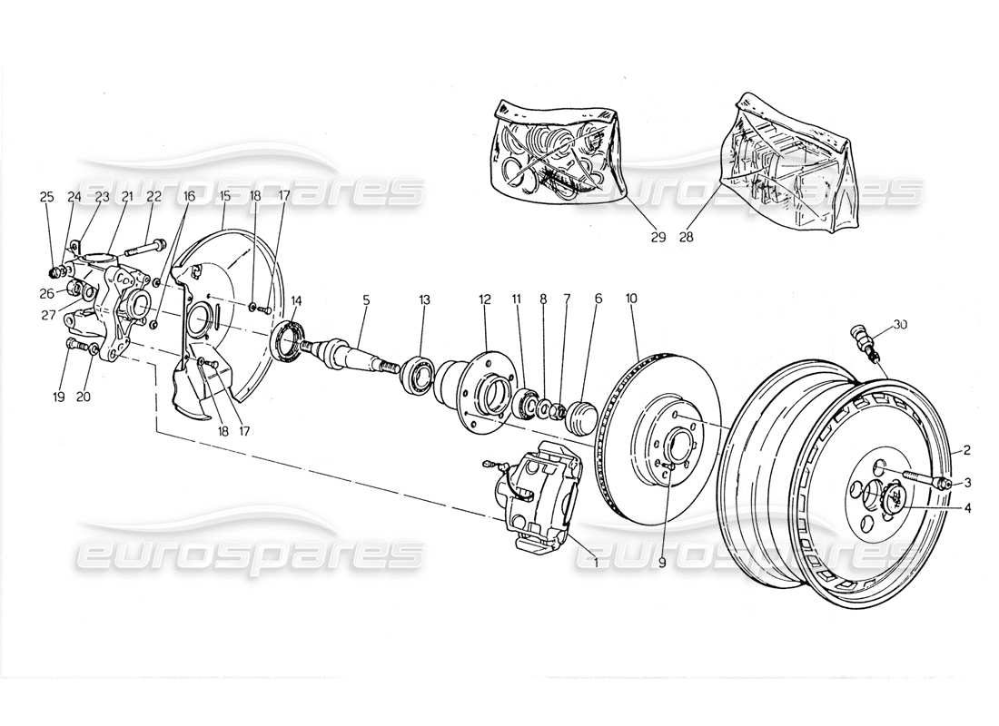 Maserati 228 Wheels, Hubs and Front Brakes Part Diagram