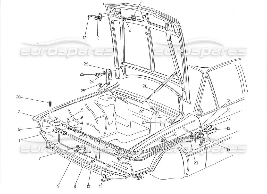 Maserati 228 Bonnet: Hinges and Bonnet Release Part Diagram