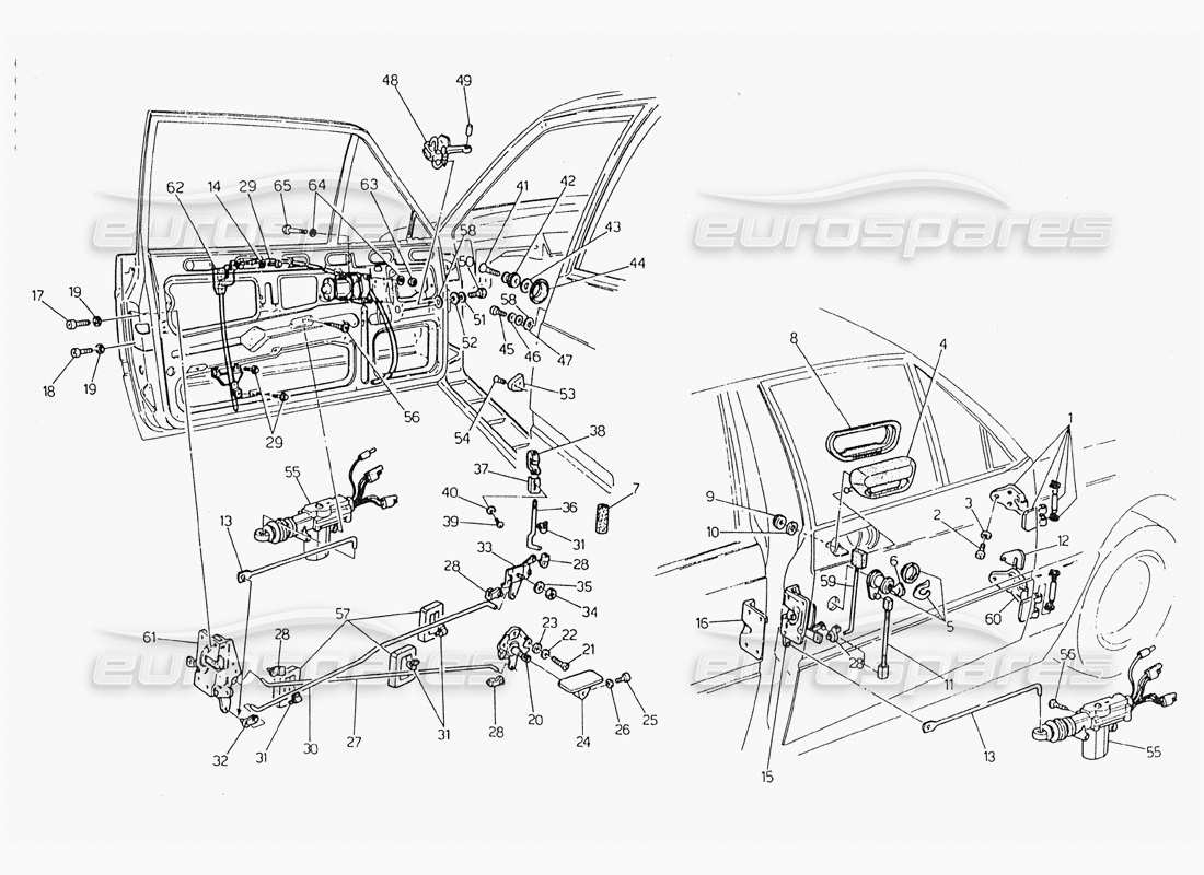 Maserati 228 Doors: Hinges and Inner Controls Part Diagram