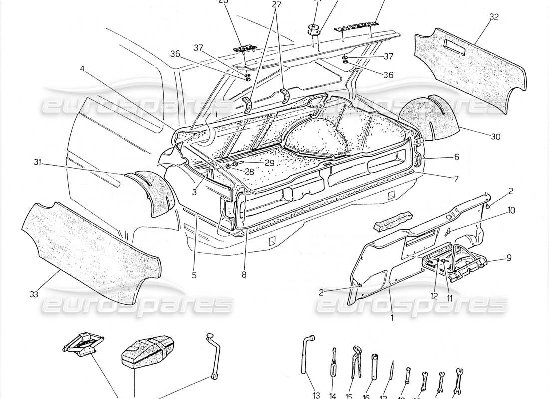 Maserati 228 Boot: Badges, Carpets and Tools Part Diagram