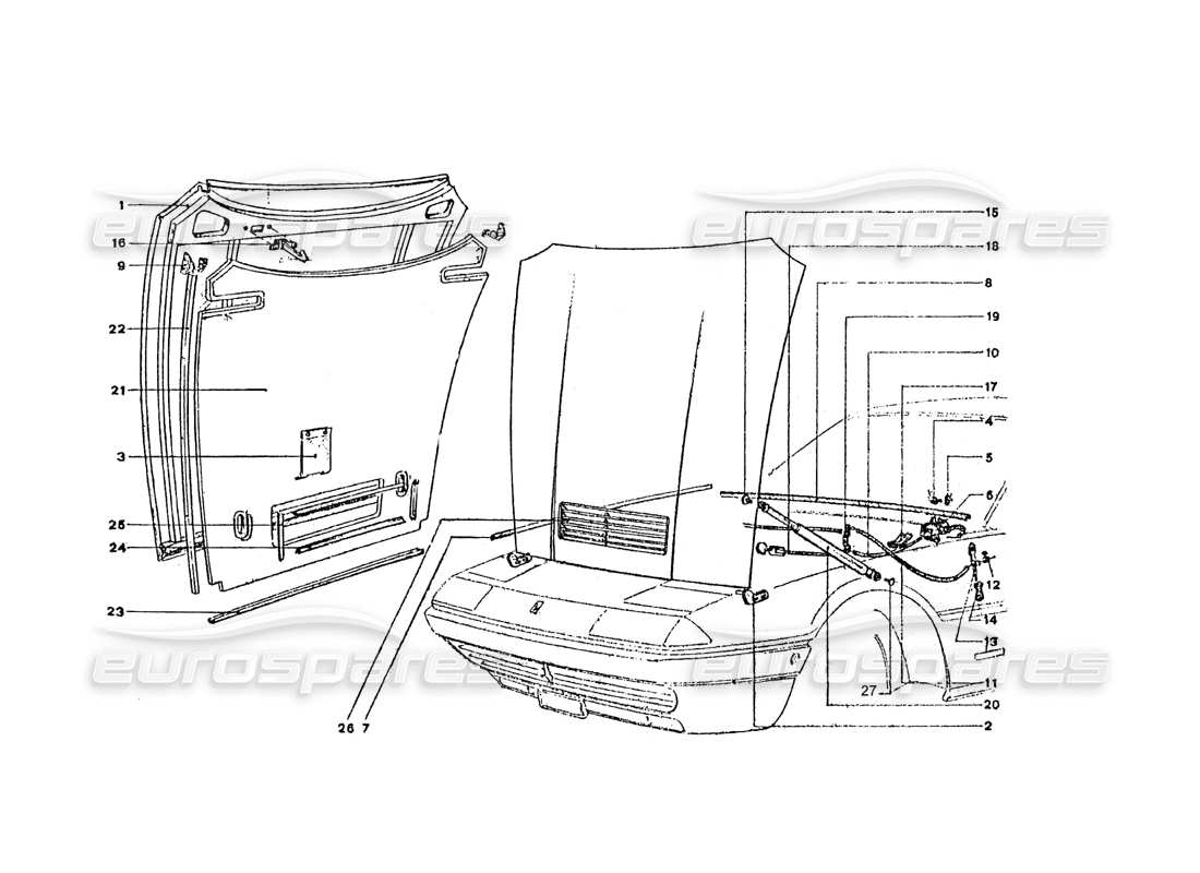 Ferrari 365 GT4 2+2 Coachwork FRONT BONNET Part Diagram