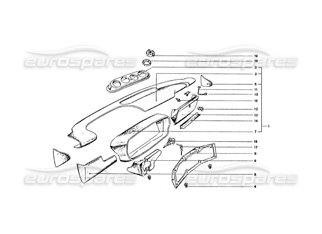 Ferrari 365 GT4 2+2 Coachwork Dashboard & Ignition Switch Part Diagram