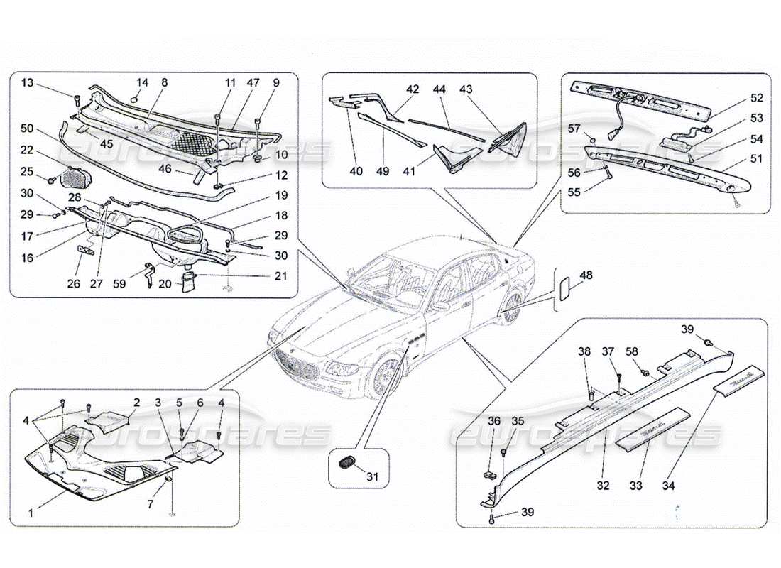 Maserati QTP. (2010) 4.2 shields, trims and covering panels Part Diagram
