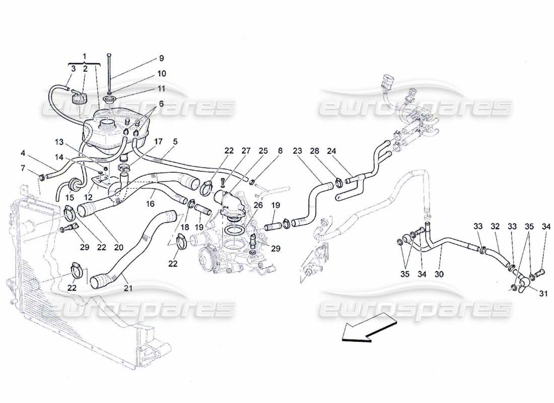 Maserati QTP. (2010) 4.7 cooling system: nourice and lines Part Diagram