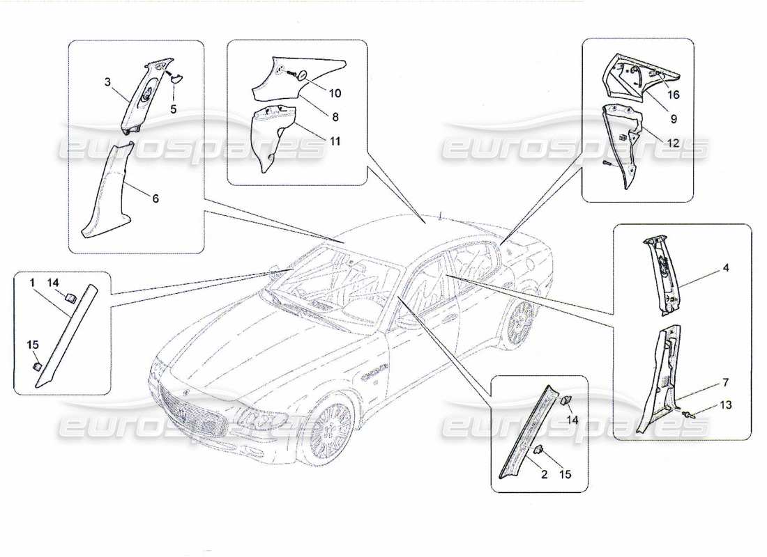 Maserati QTP. (2010) 4.7 PASSENGER COMPARTMENT B PILLAR TRIM PANELS AND SIDE PANELS Part Diagram