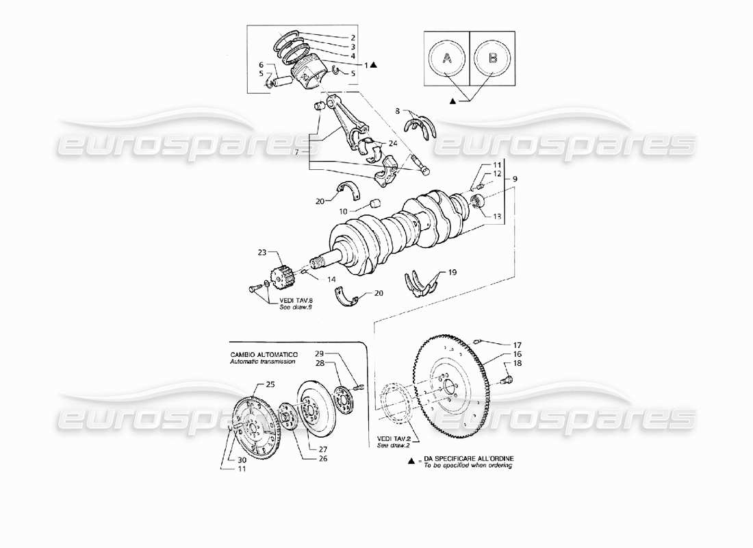 Maserati QTP V8 (1998) Crankshaft, Pistons, Conrods & Flywheel Parts Diagram