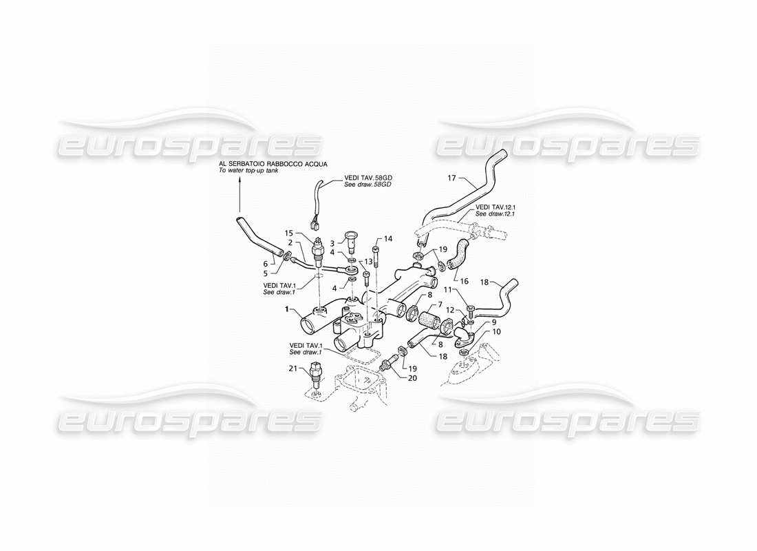 Maserati QTP V8 (1998) Engine Cooling Pipes and Thermostat (RHD) Part Diagram
