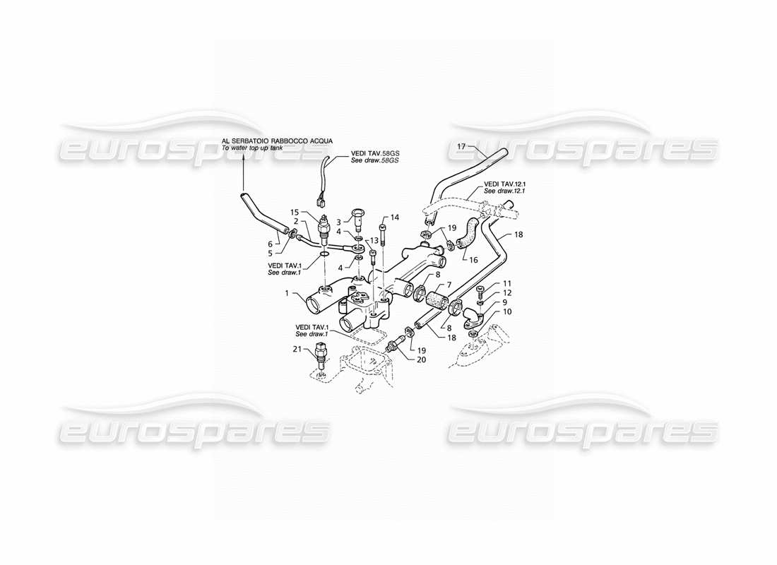 Maserati QTP V8 (1998) Engine Cooling Pipes and Thermostat (LHD) Part Diagram