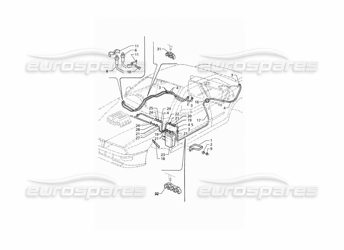 Maserati QTP V8 (1998) Evaporation Vapours Recovery System and Fuel Pipes (RHD) Parts Diagram