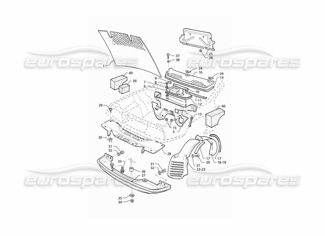 Maserati QTP V8 (1998) Bonnet and Engine Compartment Covers (LHD) Parts Diagram