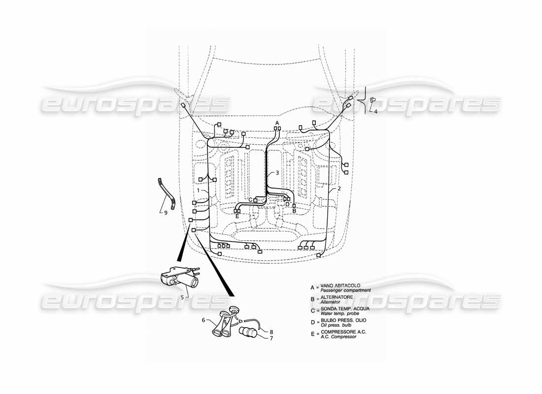 Maserati QTP V8 (1998) Electrical System: Engine Compartment (LHD) Part Diagram