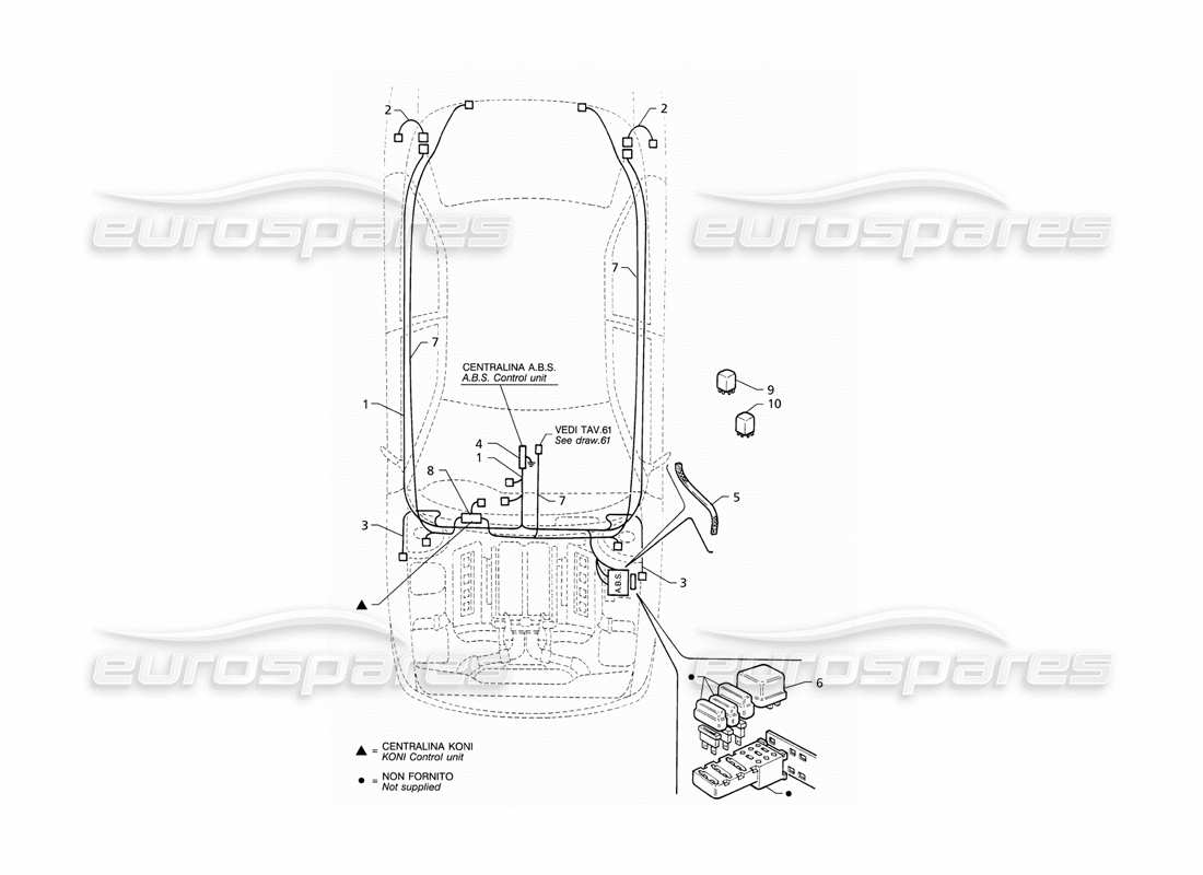 Maserati QTP V8 (1998) Electrical System: A.B.S. and 'Koni' Suspension (RHD) Parts Diagram