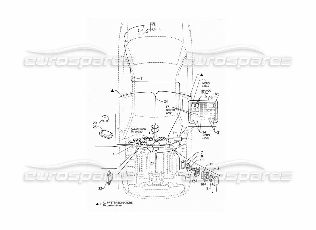 Maserati QTP V8 (1998) Electrical System: Dashboard and Battery (RHD) Part Diagram