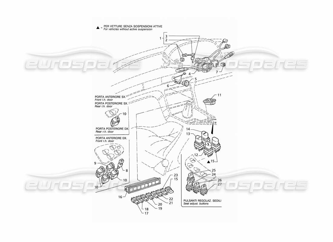 Maserati QTP V8 (1998) Switches and Steering Lock (RHD) Parts Diagram