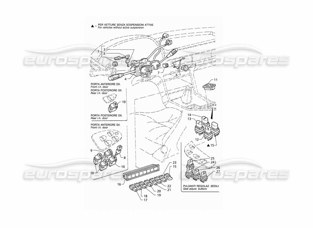 Maserati QTP V8 (1998) Switches and Steering Lock (LHD) Parts Diagram