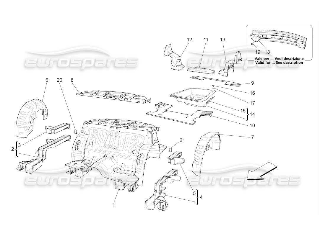 Maserati QTP. (2007) 4.2 auto rear structural frames and sheet panels Parts Diagram