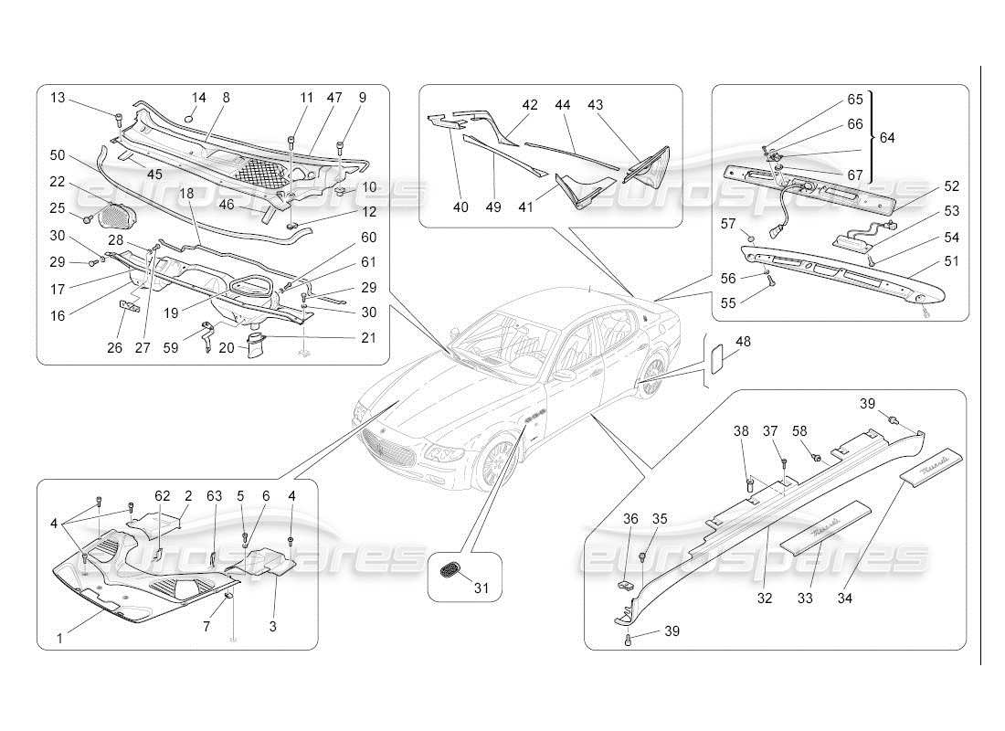 Maserati QTP. (2007) 4.2 auto shields, trims and covering panels Parts Diagram
