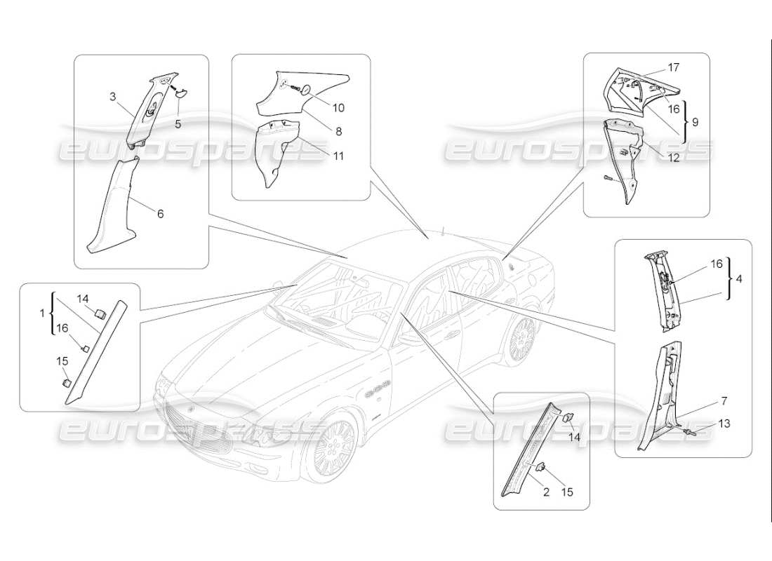 Maserati QTP. (2009) 4.7 auto PASSENGER COMPARTMENT B PILLAR TRIM PANELS AND SIDE PANELS Part Diagram