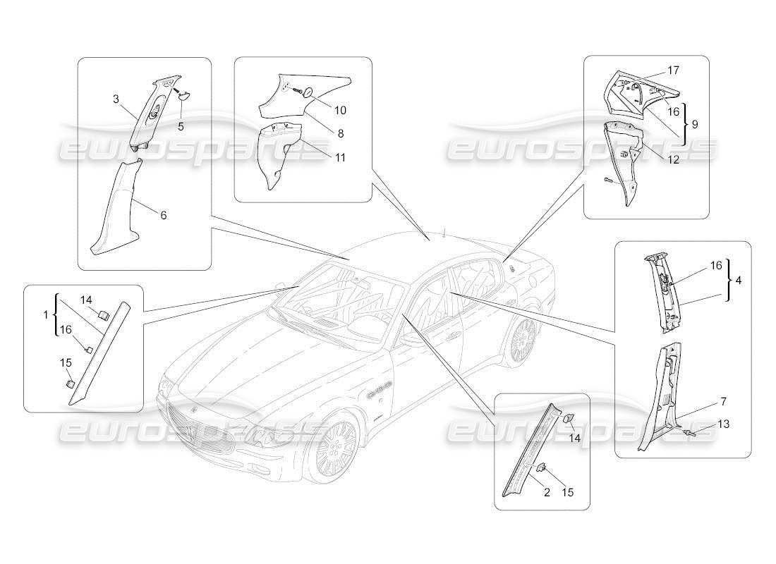 Maserati QTP. (2011) 4.2 auto PASSENGER COMPARTMENT B PILLAR TRIM PANELS AND SIDE PANELS Part Diagram