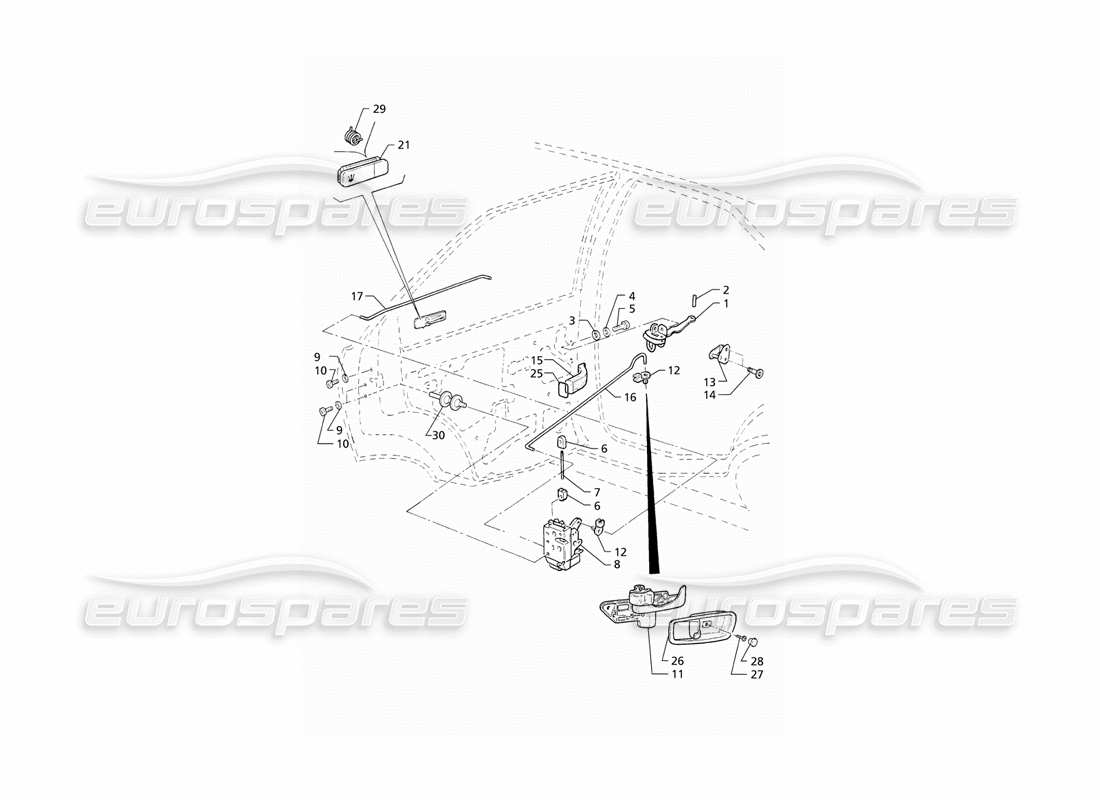 Maserati QTP V6 (1996) Rear Doors: Hinges and Inner Controls Part Diagram