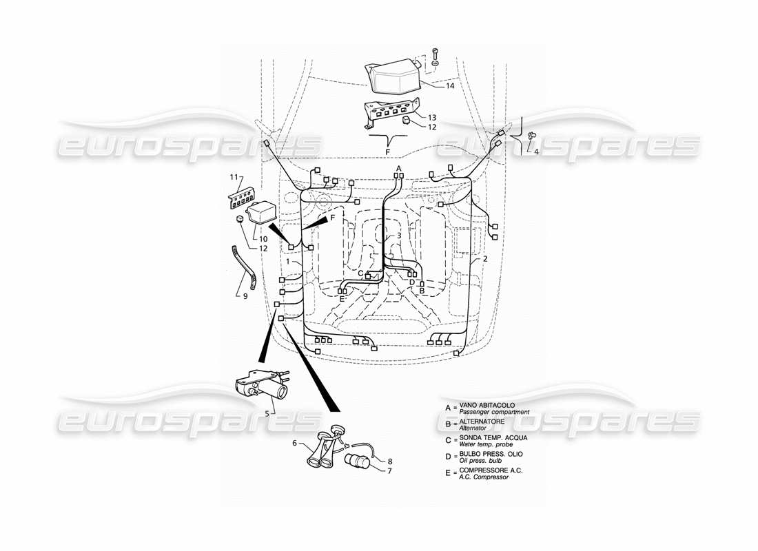 Maserati QTP V6 (1996) Electrical System: Engine Compartment (LHD) Part Diagram