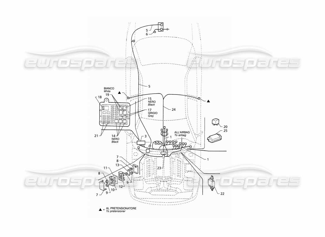 Maserati QTP V6 (1996) Electrical System: Dashboard and Battery (LHD) Part Diagram