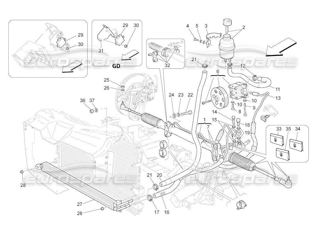 Maserati QTP. (2011) 4.7 auto Steering Box And Hydraulic Steering Pump Part Diagram
