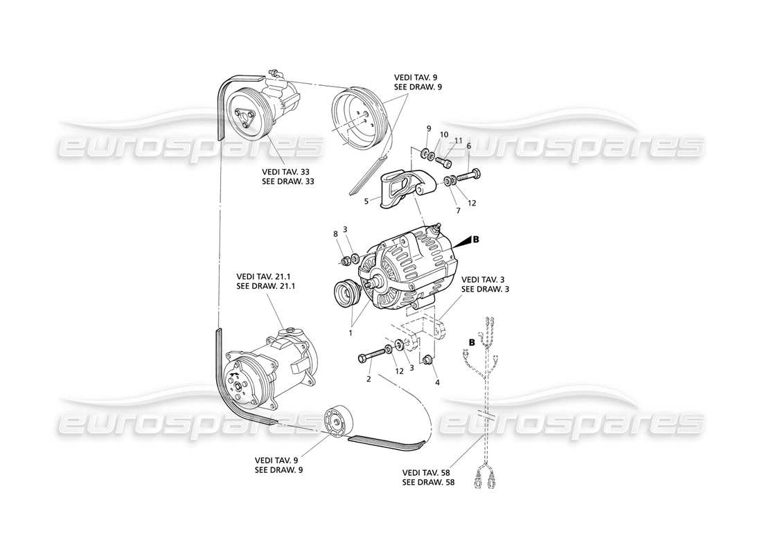 Maserati QTP V8 Evoluzione Alternator and Support Part Diagram