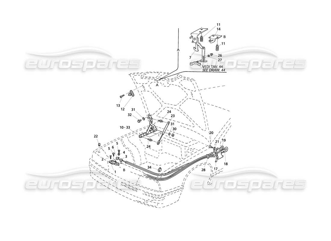 Maserati QTP V8 Evoluzione Bonnet: Hinges and Bonnet Release Part Diagram