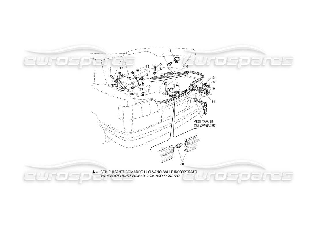 Maserati QTP V8 Evoluzione Boot Lid: Hinges, Boot Lid Release Part Diagram