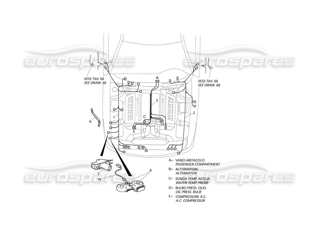 Maserati QTP V8 Evoluzione Electrical System: Engine Compartment (LH Drive) Part Diagram