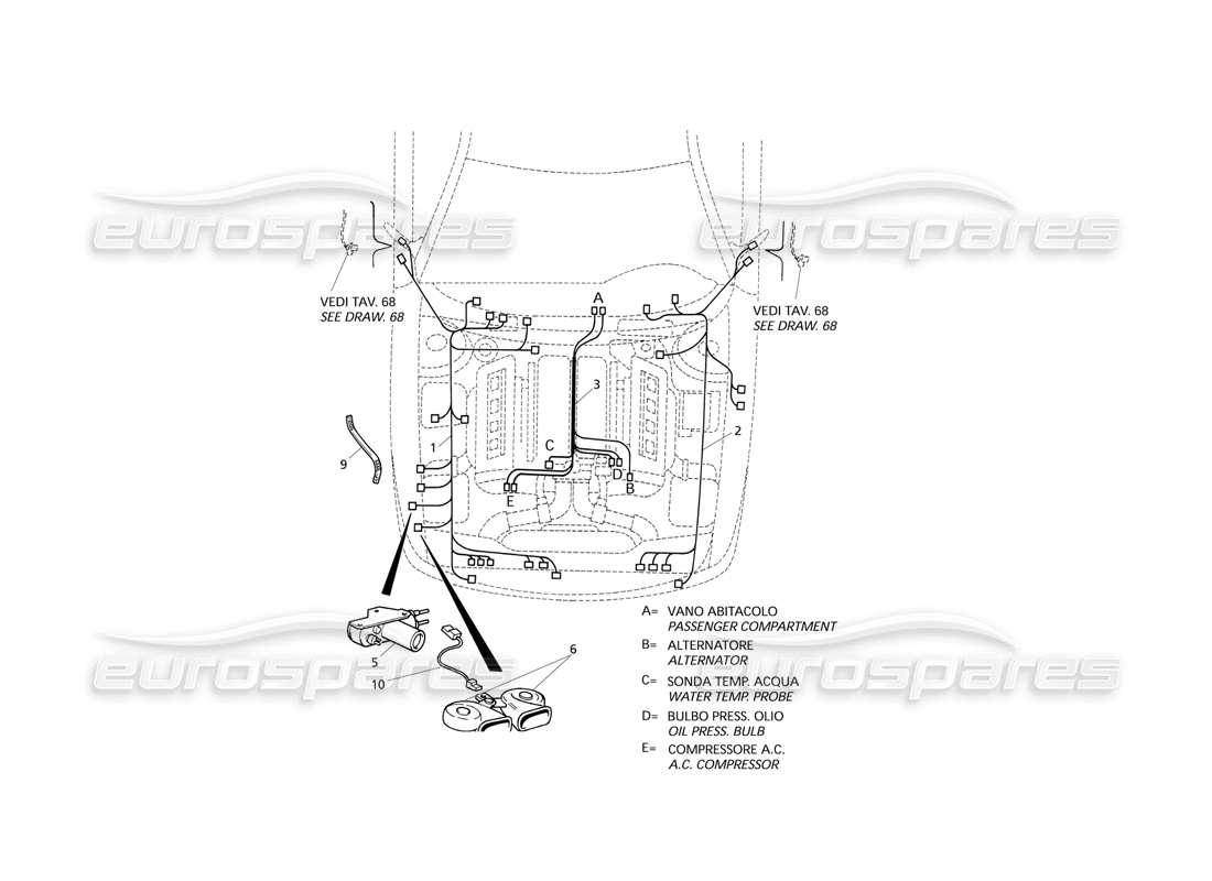 Maserati QTP V8 Evoluzione Electrical System: Engine Compartment (RH Drive) Part Diagram