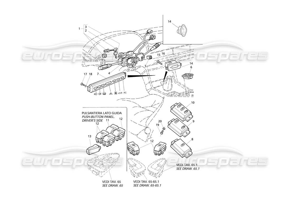 Maserati QTP V8 Evoluzione Switches and Steering Lock Part Diagram