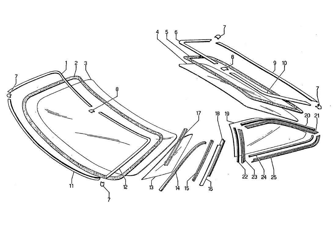 Lamborghini Jarama Side and rear windshield glasses Part Diagram