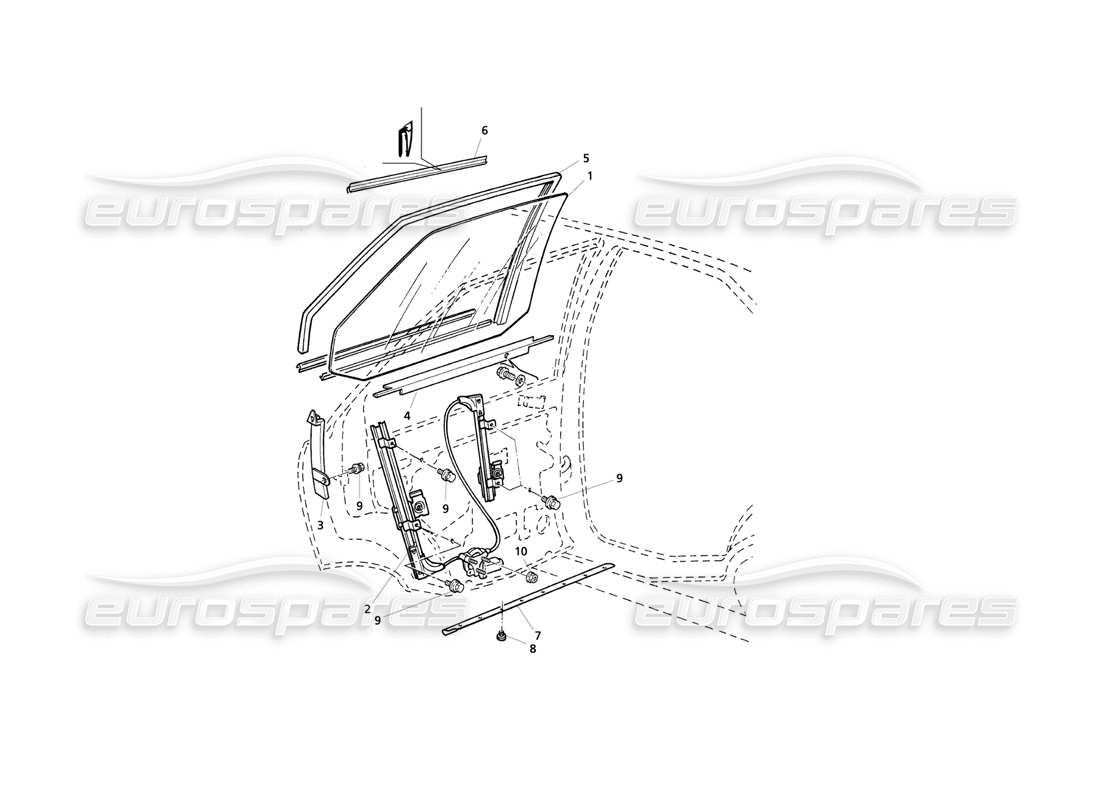Maserati QTP V6 Evoluzione Rear Doors: Windows and Regulators Part Diagram
