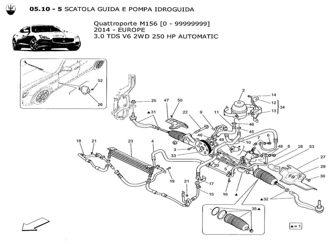 Maserati QTP. V6 3.0 TDS 250bhp 2014 STEERING RACK AND HYDRAULIC STEERING PUMP Part Diagram