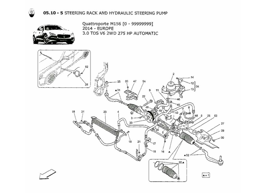 Maserati QTP. V6 3.0 TDS 275bhp 2014 STEERING RACK AND HYDRAULIC STEERING PUMP Part Diagram