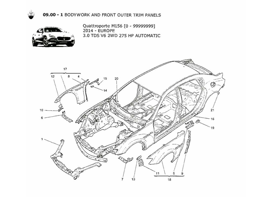Maserati QTP. V6 3.0 TDS 275bhp 2014 BODYWORK AND FRONT OUTER TRIM PANELS Part Diagram