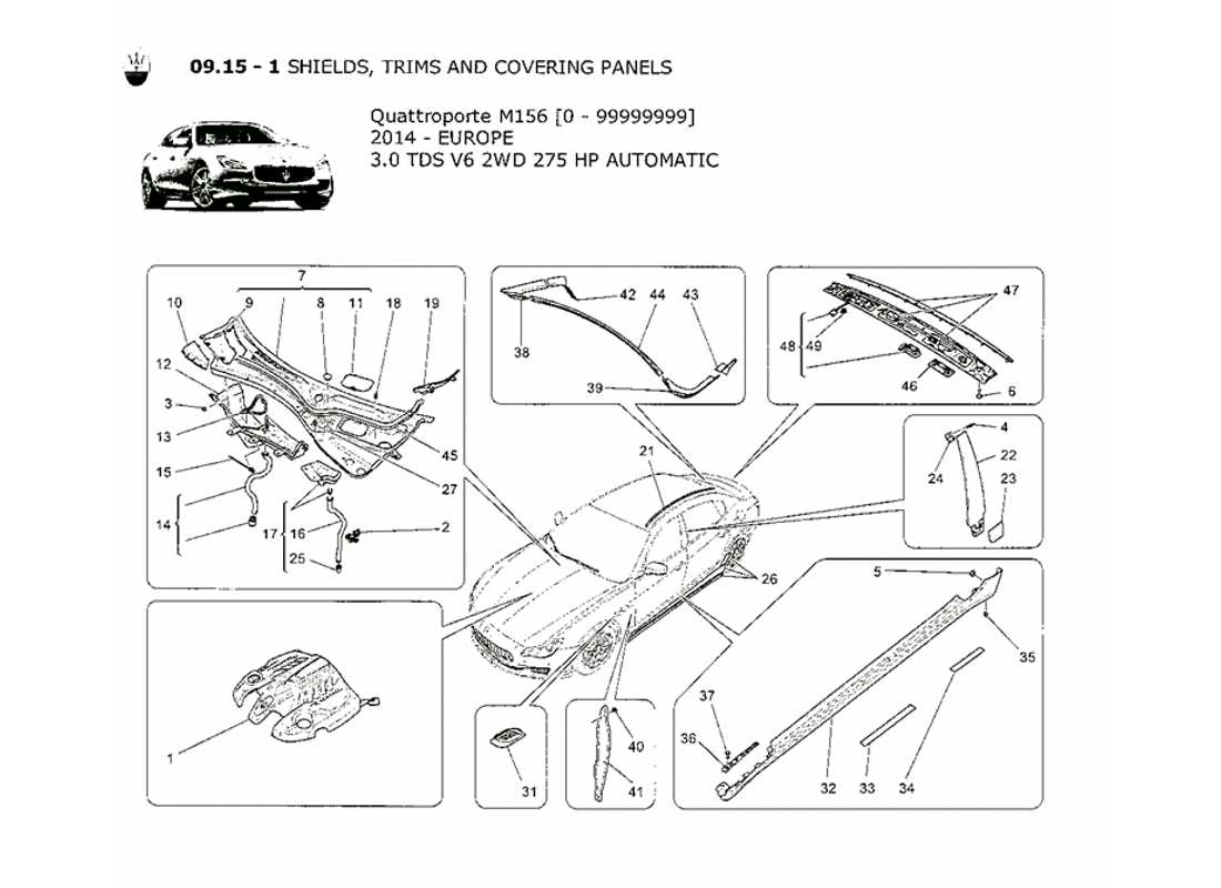 Maserati QTP. V6 3.0 TDS 275bhp 2014 shields, trims and covering panels Part Diagram
