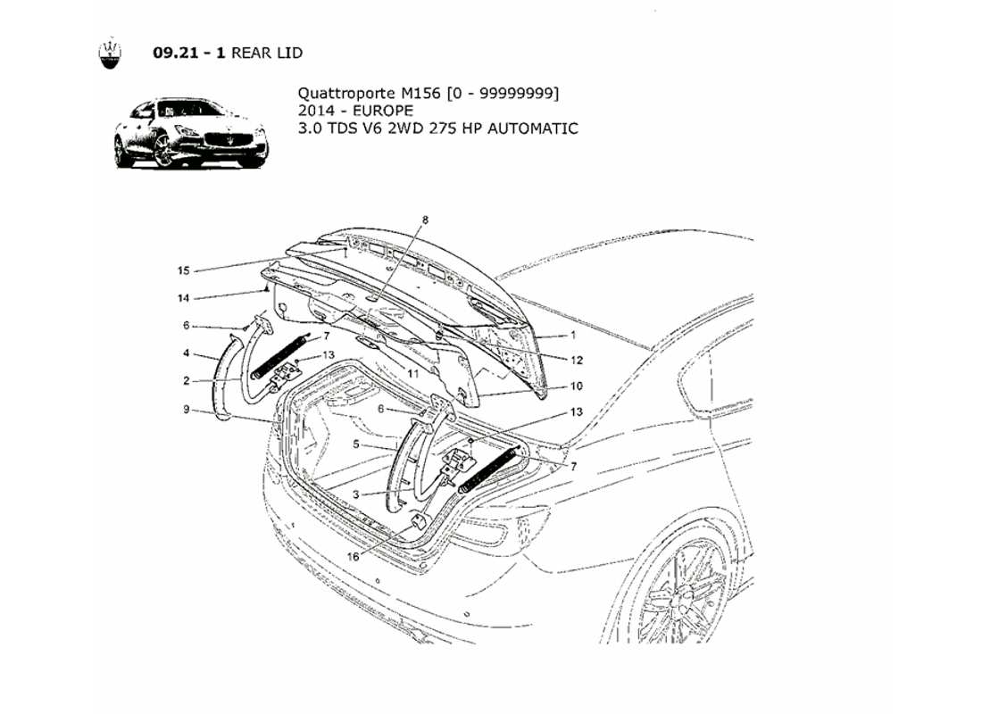 Maserati QTP. V6 3.0 TDS 275bhp 2014 REAR LID Part Diagram