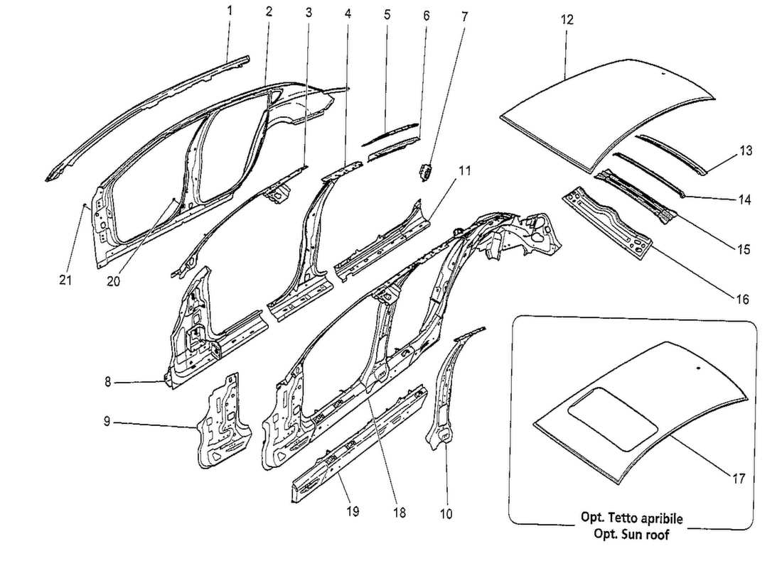 Maserati QTP. V8 3.8 530bhp 2014 BODYWORK AND CENTRAL OUTER TRIM PANELS Part Diagram