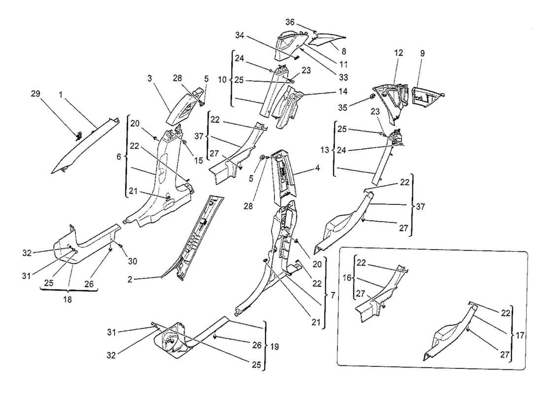 Maserati QTP. V8 3.8 530bhp 2014 PASSENGER COMPARTMENT B PILLAR TRIM PANELS AND SIDE PANELS Part Diagram