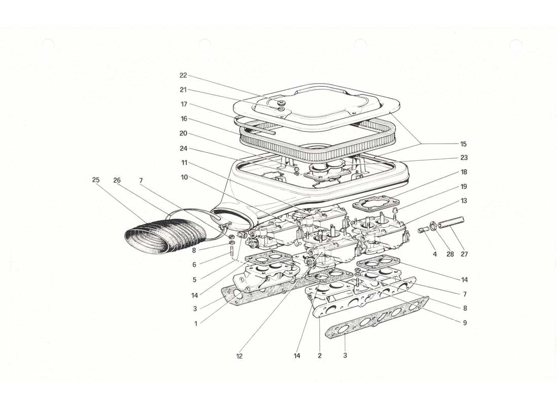 Ferrari 208 GTB GTS carburettors and air cleaner Parts Diagram