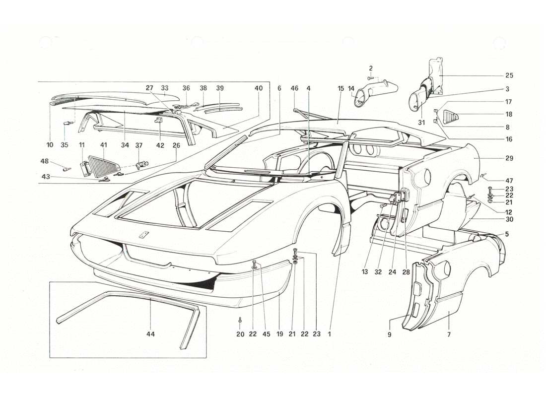 Ferrari 208 GTB GTS Body Shell - Outer Elements Part Diagram